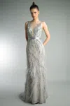 Basix Black Label Illusion Burnout Feathered Sleeveless Gown In Silver