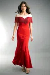 Basix Black Label Illusion Evenng Dress With Fringed Bust In Red