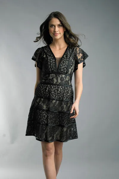 Basix Black Label Lace Flutter-sleeve Dress In Black