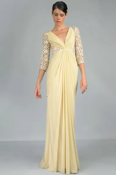 Basix Black Label Lace Sleeve Draped V-neck Gown In White