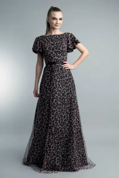 Basix Black Label Leopard Print Flutter-sleeve Gown In Animal Print