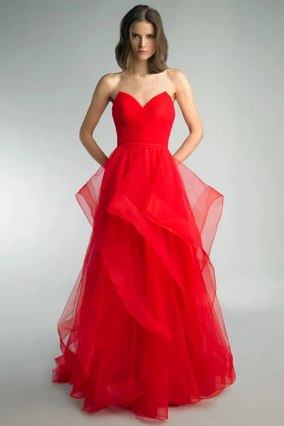 Basix Black Label Leopard Print Strapless Tulle Ballgown In Red