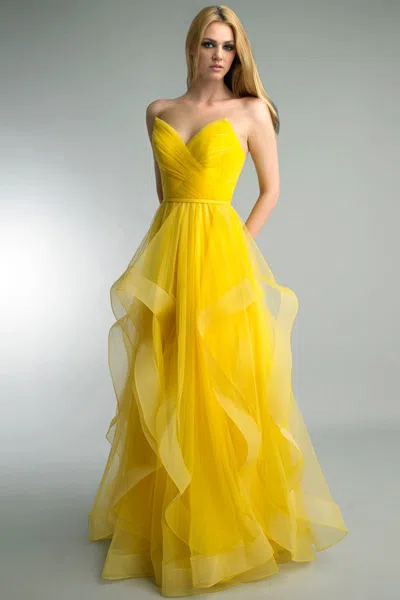 Basix Black Label Leopard Print Strapless Tulle Ballgown In Yellow