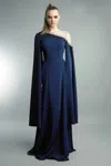 Basix Black Label Long Caped Sleeves Beaded Illusion Gown In Blue