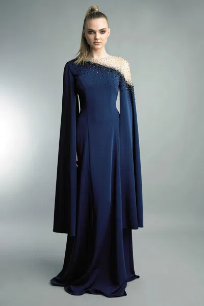 Basix Black Label Long Caped Sleeves Beaded Illusion Gown In Blue
