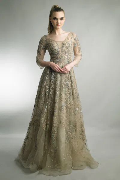 Basix Black Label Long Sleeve A-line Embellished Gown In Gold