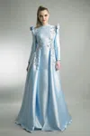 Basix Black Label Long Sleeve A-line Gown With Ruffled Shoulders In Blue