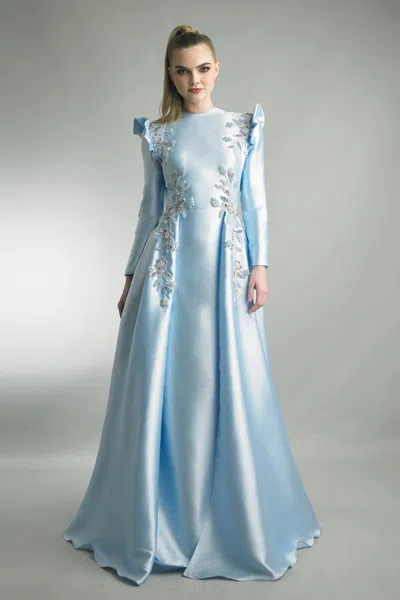 Basix Black Label Long Sleeve A-line Gown With Ruffled Shoulders In Blue