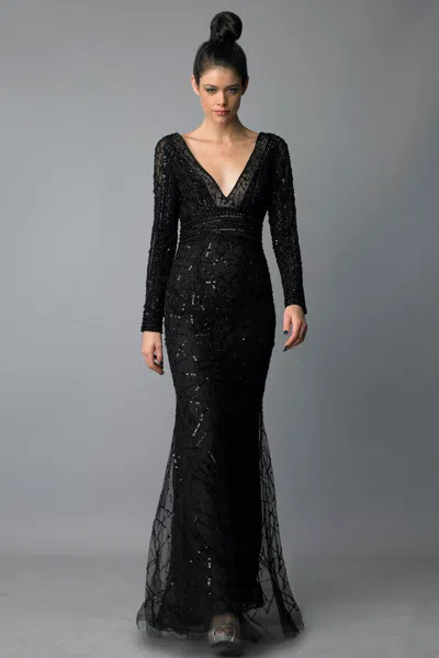 Basix Black Label Long Sleeve Beaded And Sequin Evening Gown