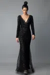 Basix Black Label Long Sleeve Beaded And Sequin Evening Gown In Black