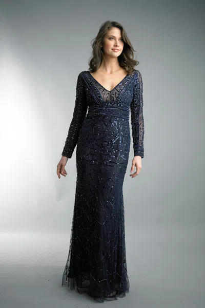 Basix Black Label Long Sleeve Beaded And Sequin Evening Gown In Blue