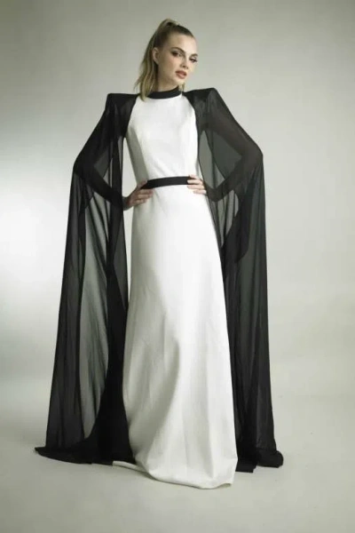 Basix Black Label Long Sleeve Capelet Mock Neck Gown In Black