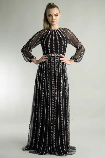 Basix Black Label Long Sleeve Crystal And Pearl Gown In Black