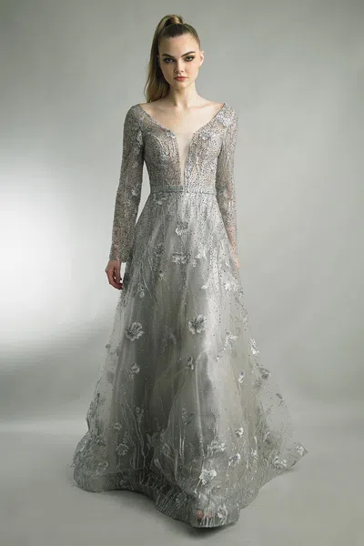 Basix Black Label Long Sleeve Embellished Gown In Gray