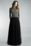 Basix Black Label Long Sleeve Embroidered Beaded Gown In Multi