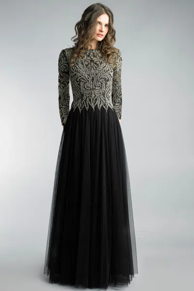 Basix Black Label Long Sleeve Embroidered Beaded Gown In Multi