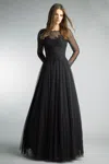Basix Black Label Long Sleeve Embroidered Evening Gown In Black