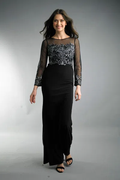 Basix Black Label Long Sleeve Embroidered Gown In Black