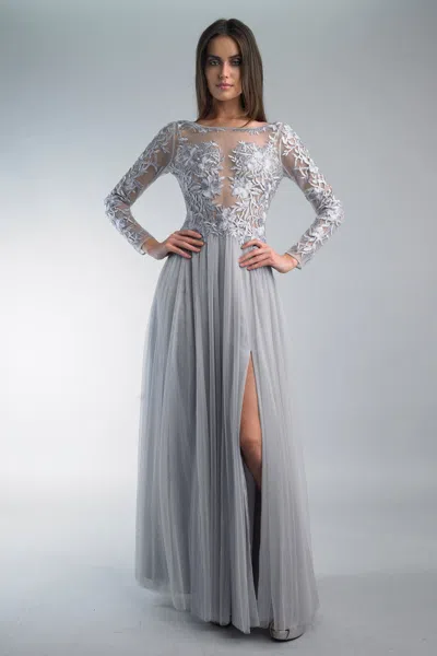 Basix Black Label Long Sleeve Embroidered Gown In Gray