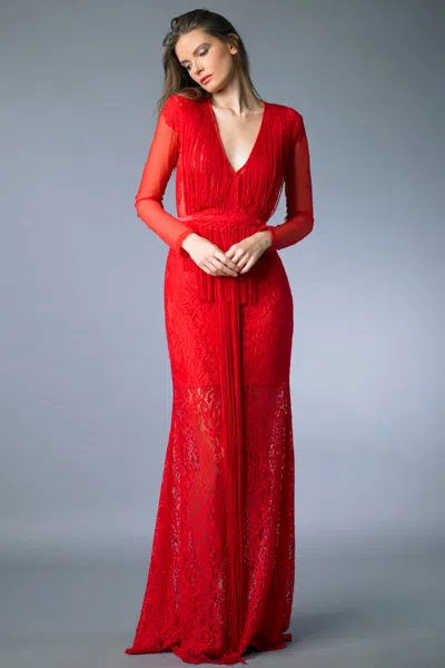 Basix Black Label Long Sleeve Evening Dress With Fringes In Red