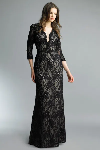 Basix Black Label Long Sleeve Evening Gown In Black
