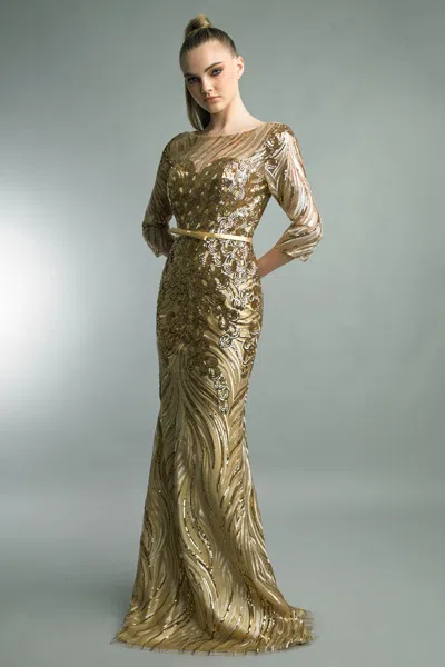 Basix Black Label Long Sleeve Evening Gown In Gold
