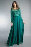 Basix Black Label Long Sleeve Evening Gown With Sequin Beaded Motif In Green