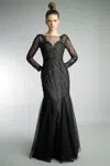 Basix Black Label Three Quarter Sleeve Sheer Lace And Embroidered Evening Gown In Black