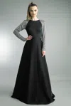 Basix Black Label Long Sleeve Gown With Beaded Motif On Sleeves D1437l - Black In Black