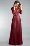 Basix Black Label Long Sleeve Gown With Floral Motif In Red