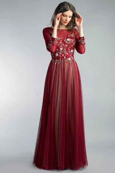Basix Black Label Long Sleeve Gown With Floral Motif In Red