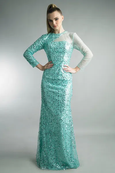 Basix Black Label Long Sleeve Gown With Sheer Side In Blue