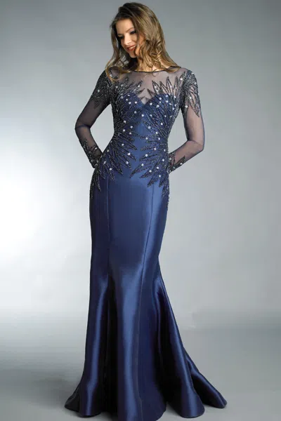 Basix Black Label Long Sleeve Illusion Evening Gown In Blue