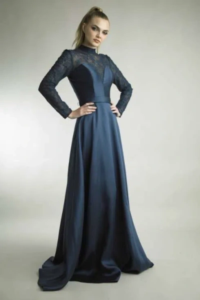 Basix Black Label Long Sleeve Lace Bodice A-line Gown In Black