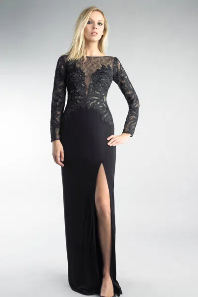 Basix Black Label Long Sleeve Lace Embroidered Evening Gown