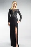 Basix Black Label Long Sleeve Lace Embroidered Evening Gown In Black