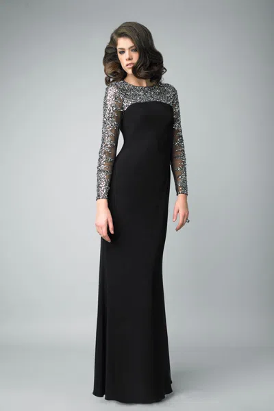 Basix Black Label Long Sleeve Matte Jersey Evening Gown With Sequin Top