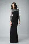 Basix Black Label Long Sleeve Matte Jersey Evening Gown With Sequin Top In Black