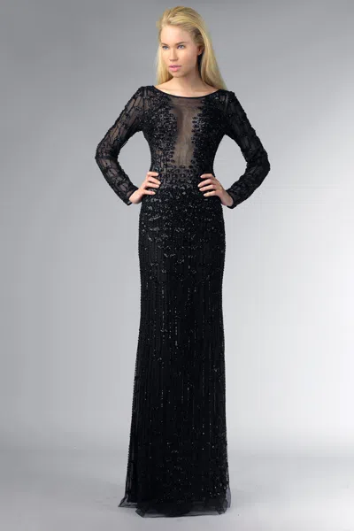 Basix Black Label Long Sleeve Sequined Evening Gown In Black