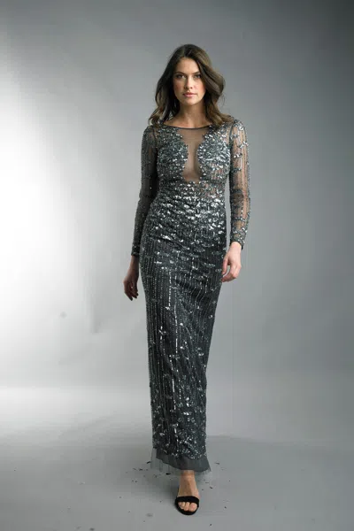 Basix Black Label Long Sleeve Sequined Evening Gown In Black