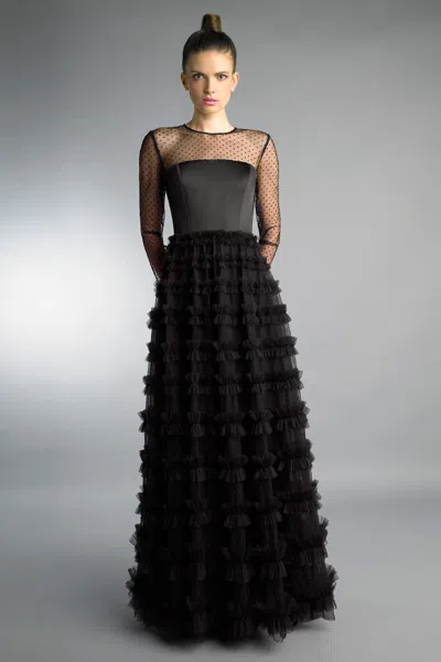 Basix Black Label Long Sleeve Sheer Dot Evening Gown