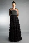Basix Black Label Long Sleeve Sheer Dot Evening Gown In Black