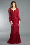 Basix Black Label Long Sleeve V Neck Gown In Red