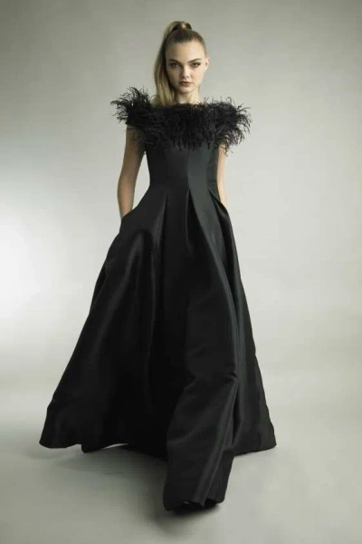 Basix Black Label Mikado A-line Feather Gown In Black