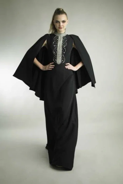 Basix Black Label Mock Neck Knit Cape Gown In Black