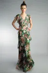Basix Black Label Multi Floral Evening Gown In Green