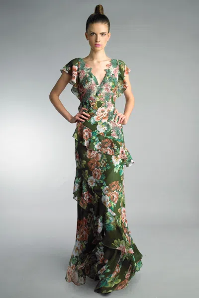 Basix Black Label Multi Floral Evening Gown In Green