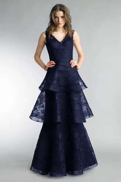 Basix Black Label Multi Tier Sleeveless Gown In Blue
