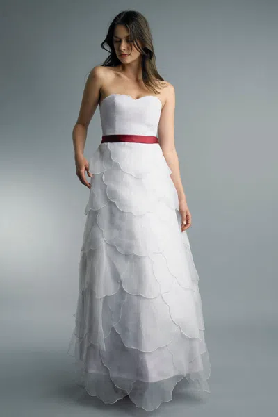 Basix Black Label Multi Tier Uneven Leaf Motif And Contrasting Belt Gown