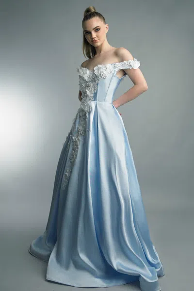 Basix Black Label Off Shoulder 3d Floral Gown In Blue